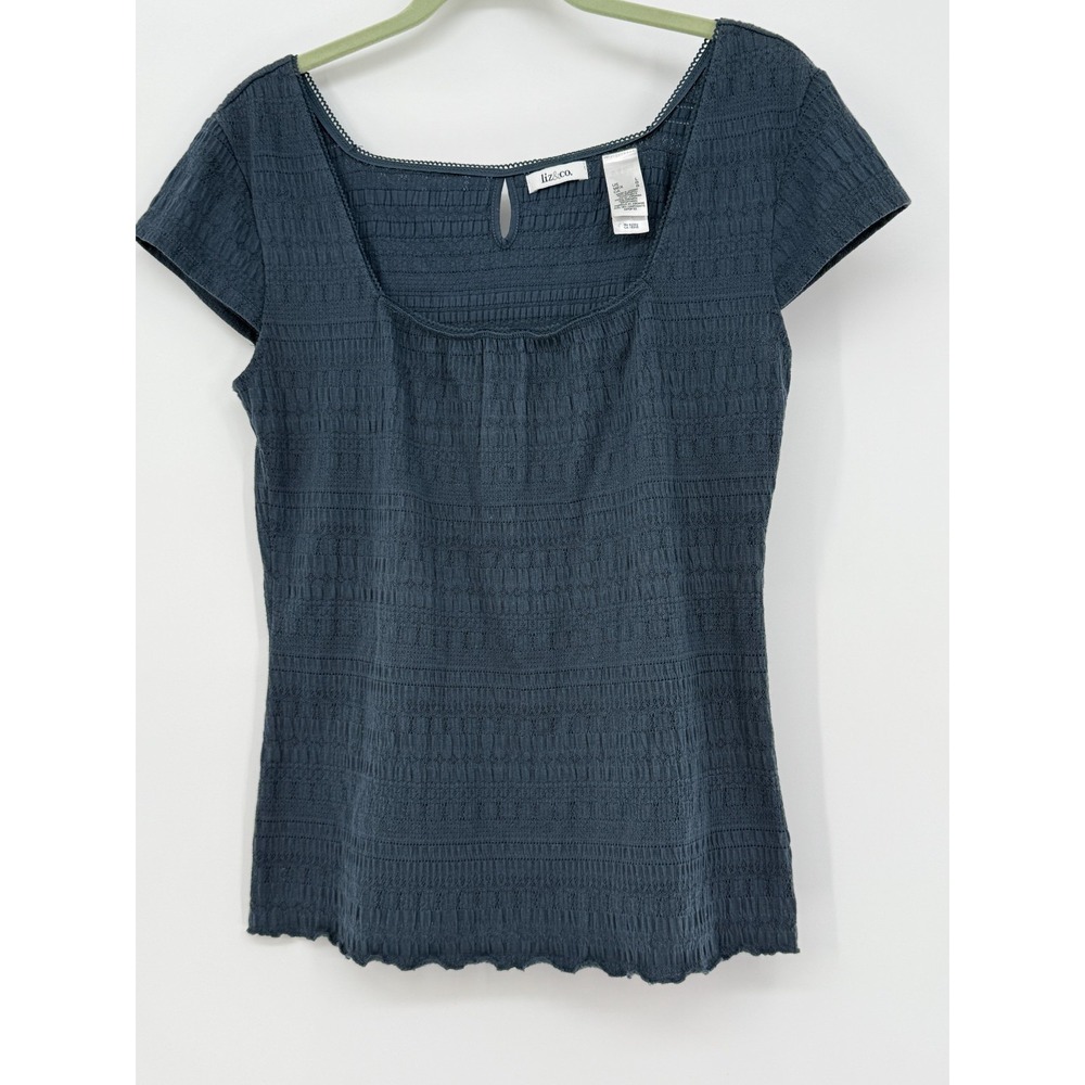 Liz & Co Top L Navy Smocked Knit Tee Y2K Retro Stretch Boho Cottagecore square